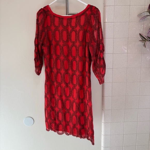 Vintage Tracy Reese Red and Black 100% Silk Dress XS Embroidered Scoop Back - Picture 4 of 9